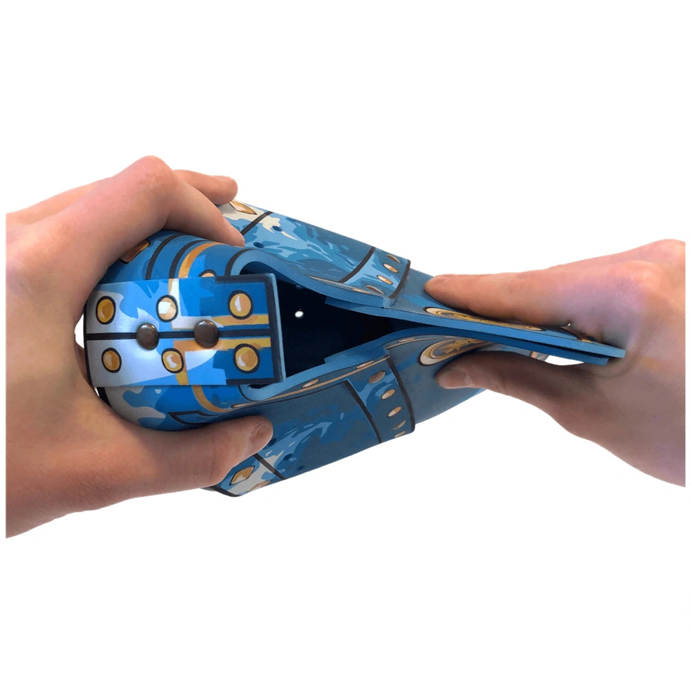 Blue and gold Liontouch Knight Helmet with a glossy finish, featuring a hinge, four circular elements, and a central hole.