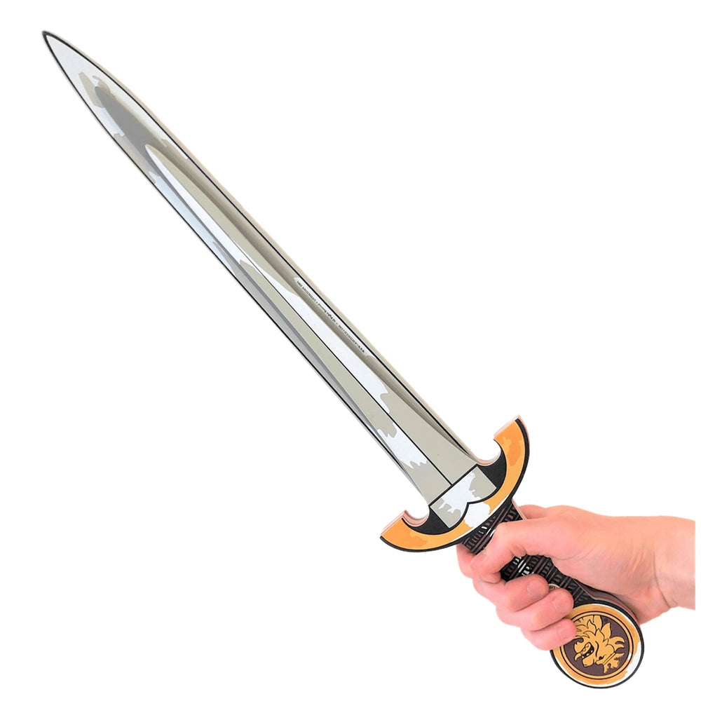 Liontouch Knight Sword in red features a silver blade, black grip, and a handle with a yellow and black pattern.