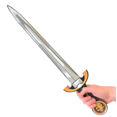 Liontouch Knight Sword in red features a silver blade, black grip, and a handle with a yellow and black pattern.