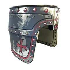Maltese helmet with matte finish, red and black decorative elements, visor, chin strap, and cross symbol on the front.