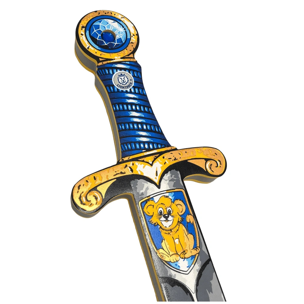 Mini Lion Sword in blue with a metallic sheen handle, gold hilt, and yellow blade featuring a lion emblem.