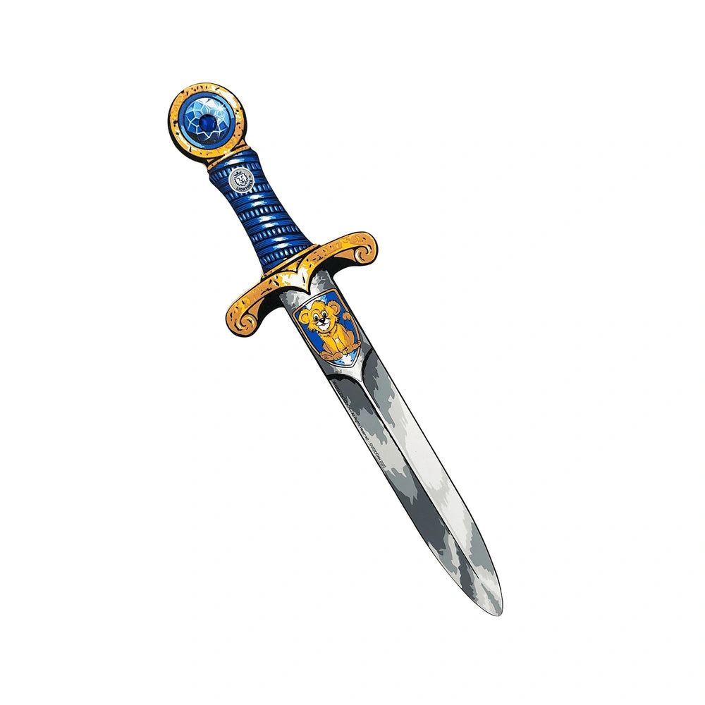 Mini Lion Sword in blue and gold with a silver blade, designed for pretend professions and role playing.