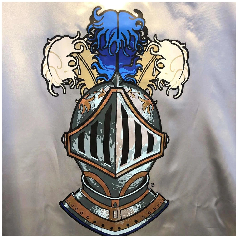 Liontouch Mystery Knight Cape featuring a blue top, white middle, and brown bottom, includes a helmet, crest, and hair.