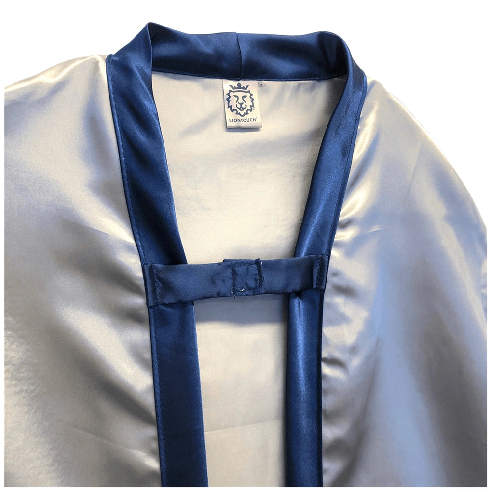 Liontouch Mystery Knight Cape in metallic blue satin, featuring multiple blue straps and closures, displayed on a mannequin.