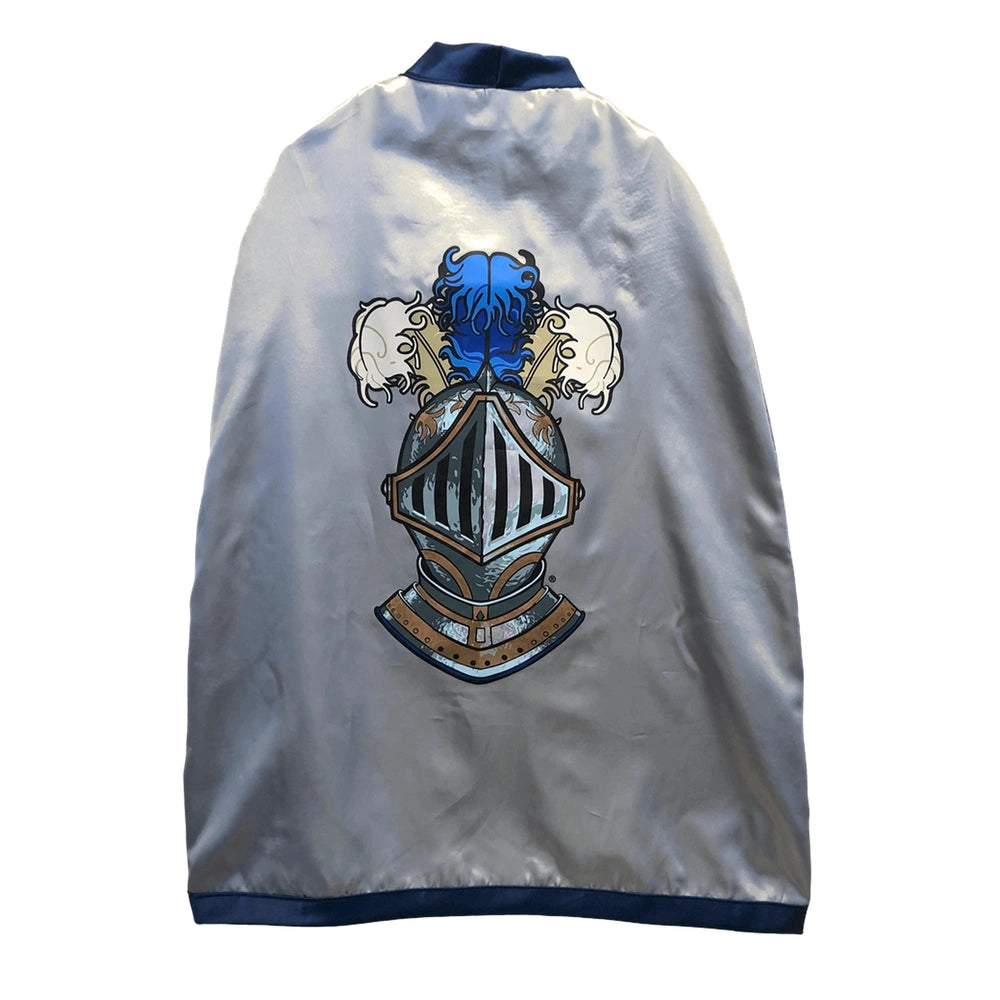 Liontouch Mystery Knight Cape featuring a detailed silver knight's helmet with blue accents and multiple protective guards.