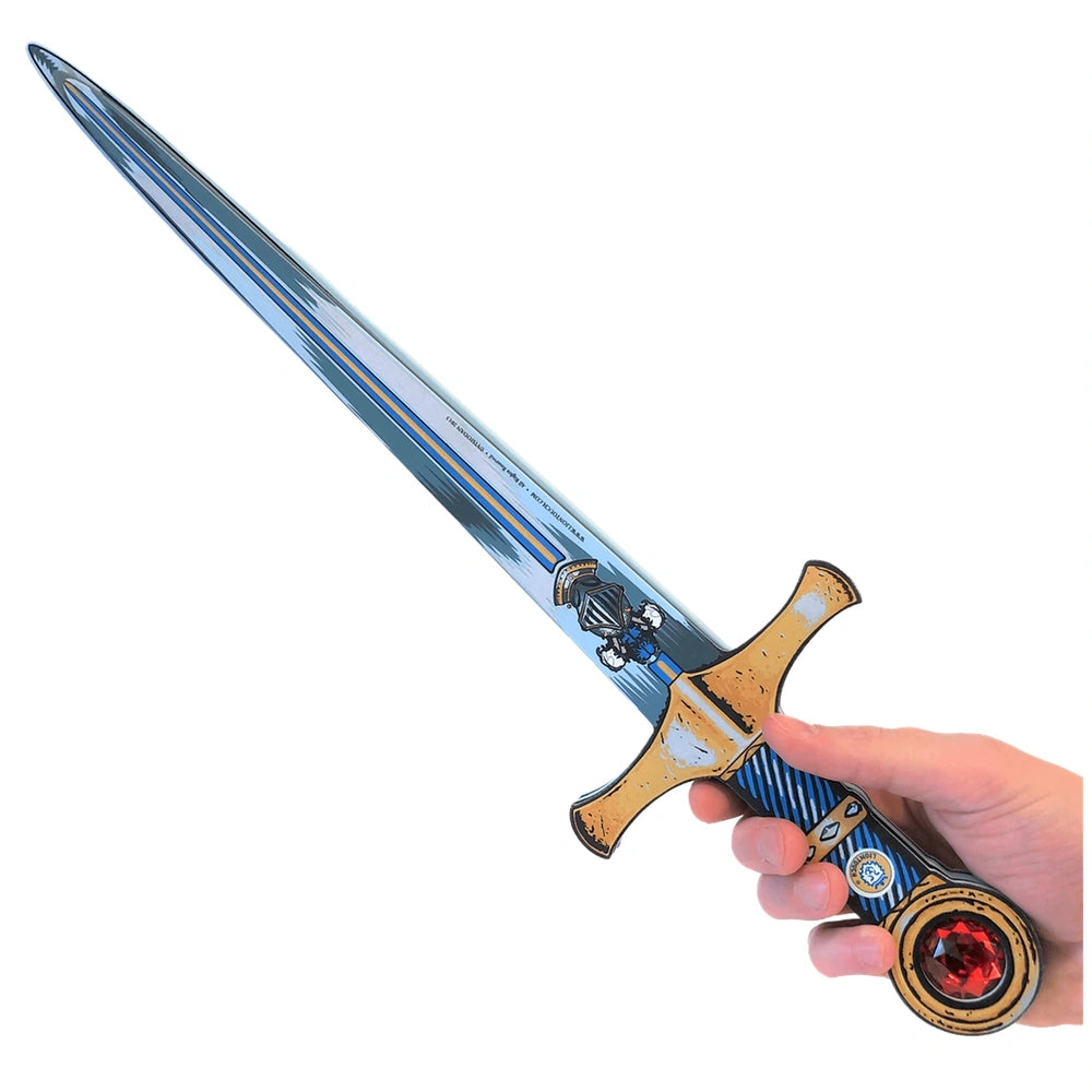 Liontouch Mystery Knight Sword with a metallic finish, featuring a blue and red patterned handle and blue and white blade.