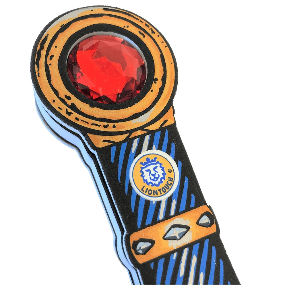 Liontouch Mystery Knight Sword features a red gemstone with a yellow border and blue stripes, showcasing matte and glossy fin