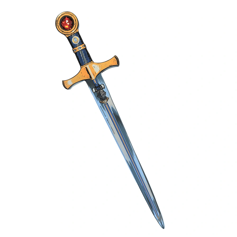 Liontouch Mystery Knight Sword with a silver blade, yellow handle, and red gemstone on top, designed for role-playing.