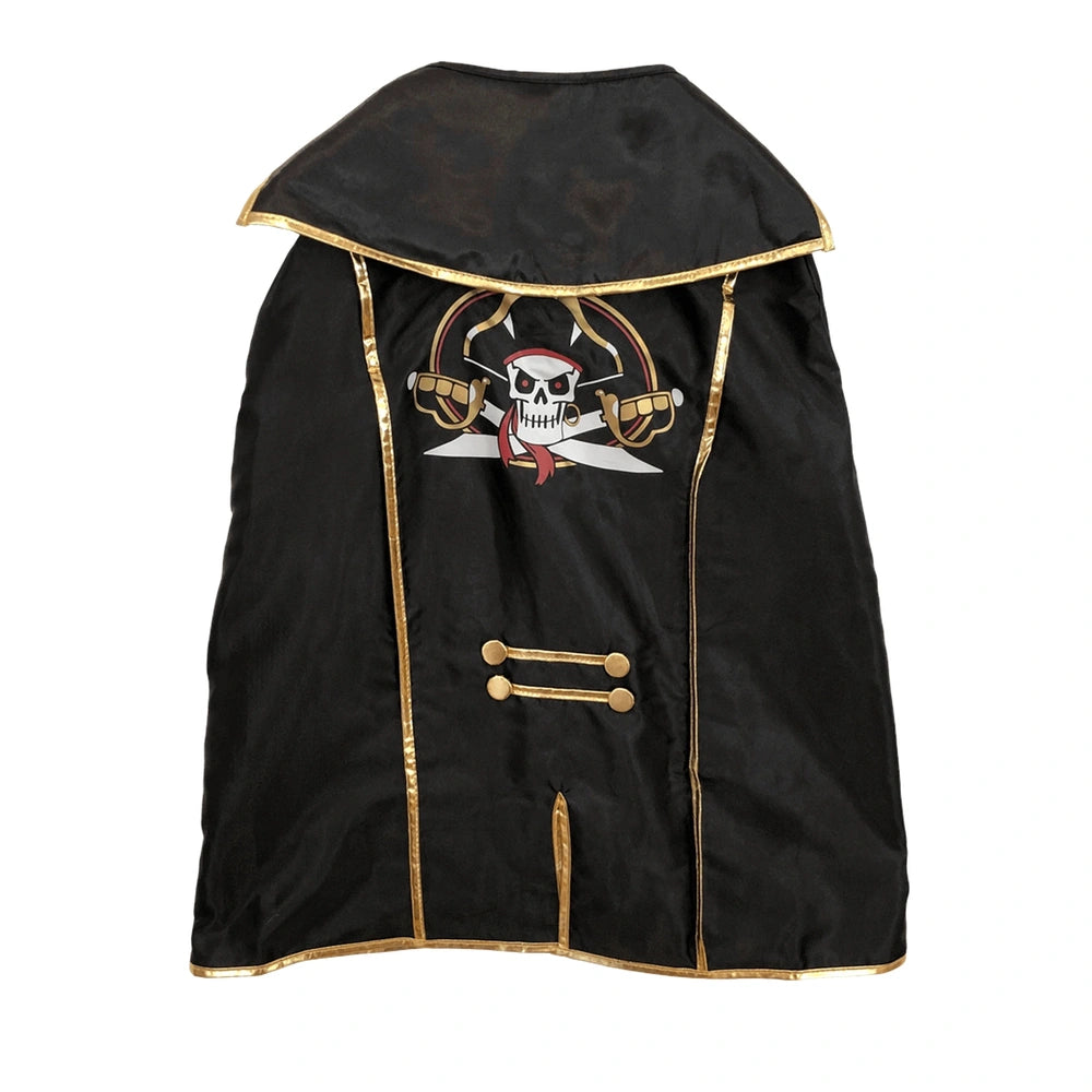 Black pirate cape with gold trim, hood, skull and crossbones design, and gold buttons, featuring a smooth satin fabric.