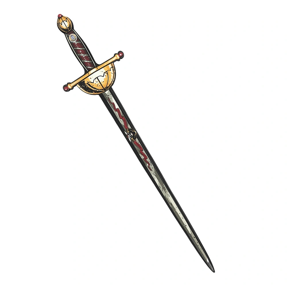 Liontouch Pirate Sword with a circular handle featuring a red center and gold border, adorned with a red and gold patterned b
