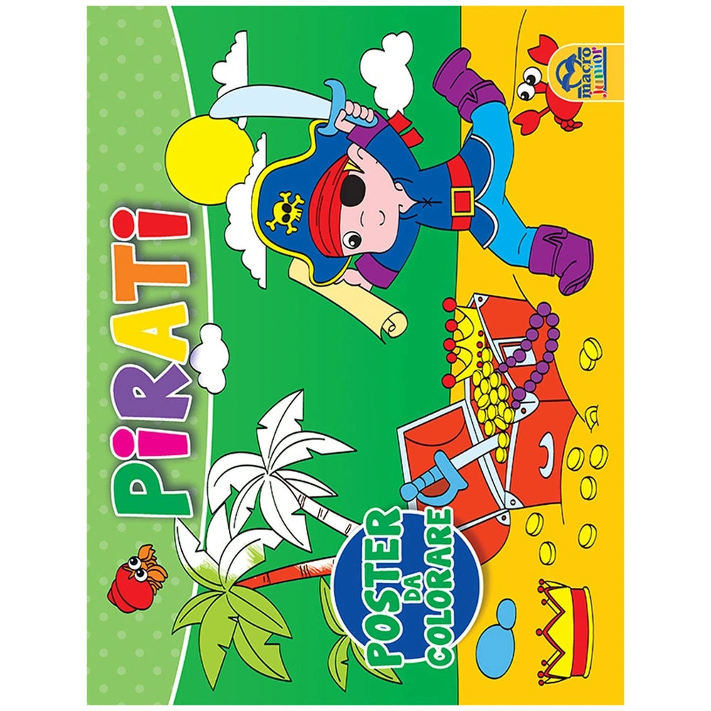 MACRO JUNIOR Pirati Colouring Book features a colorful pirate character in vibrant clothing against a solid background.
