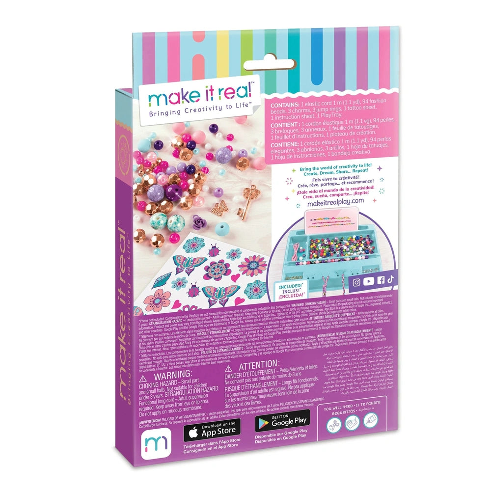 Bedazzled charm bracelets retail packaging featuring vibrant text colors on a purple background, highlighting arts and crafts