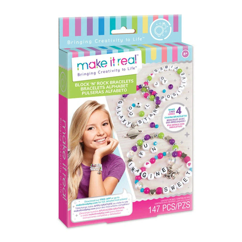 MAKE IT REAL Block ‘N’ Rock Bracelets packaging features colorful designs on white cardboard with a clear plastic window.