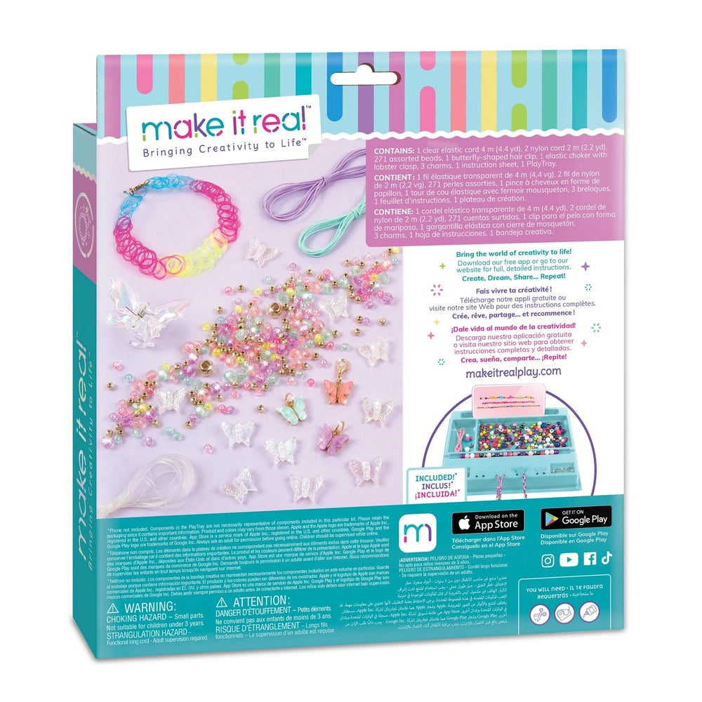 Butterfly Jewelry Set packaging features colorful beads, scissors with a purple handle, and cute white and pink insect figure