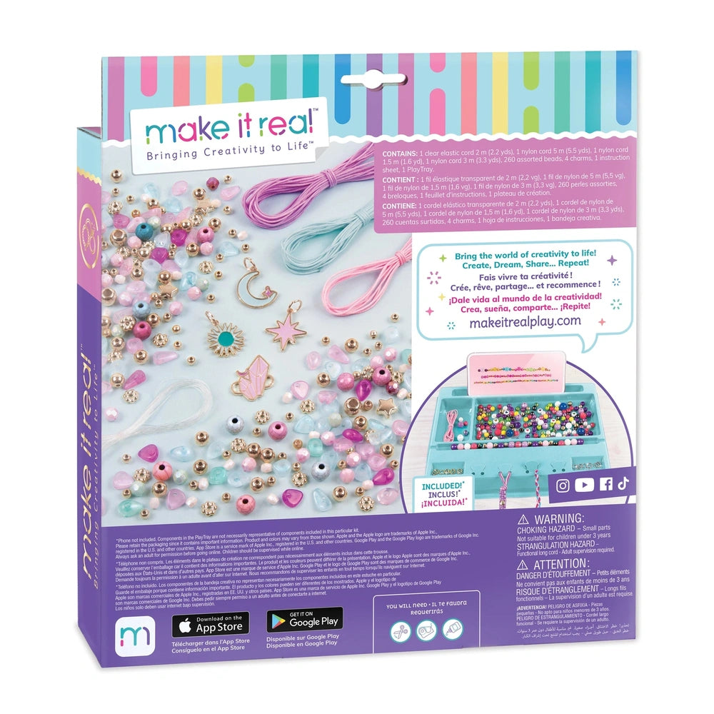 MAKE IT REAL Celestial Stones Bracelets in glossy packaging with colorful striped background and clear plastic window.