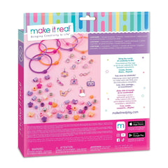 DIY Fashion Beaded Bangle Bracelets packaging features colorful beads and charms on a glossy pink background with vibrant tex