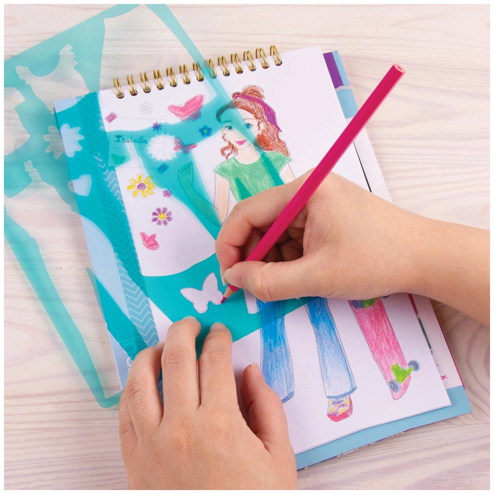 Fashion Design Sketchbook Blooming Vibes featuring a transparent cover, pink-eraser pencil, and blue patterned paper with a s