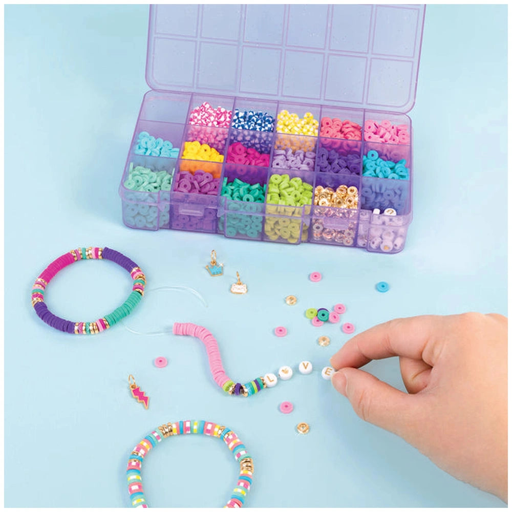 Heishi Craze Swift Clicks compatible beads set in a plastic compartment container featuring colorful bracelets.