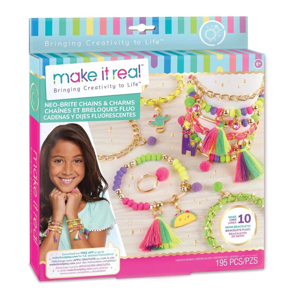 NEO-BRITE CHAINS & CHARMS arts and crafts kit with colorful beads, charms, bracelet, and necklace in glossy packaging.