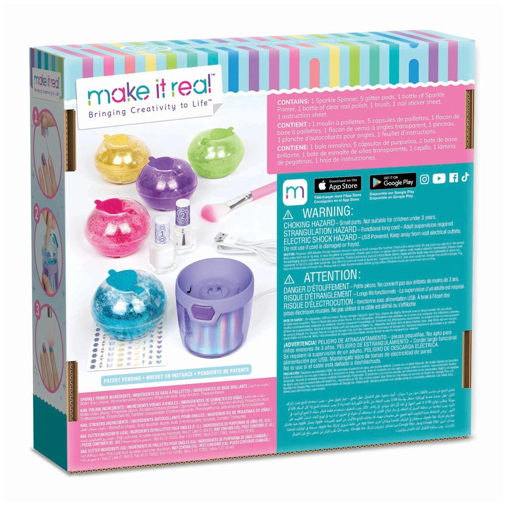 MAKE IT REAL Party Nails Glitter Nail Studio packaging features colorful stripes, a clear window, and various glitter nail po