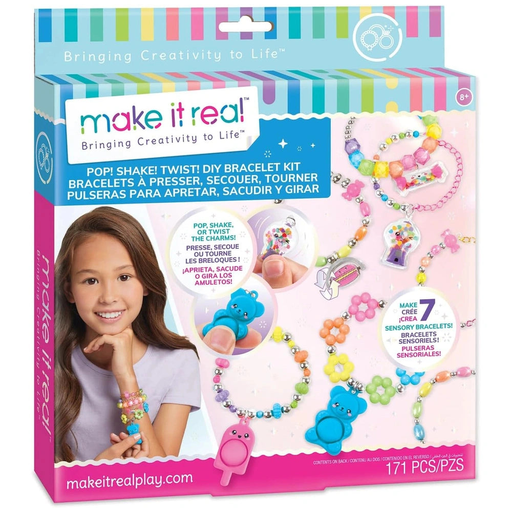 MAKE IT REAL Pop Shake Twist Bracelet Set features colorful striped packaging with a young girl holding vibrant bracelets.
