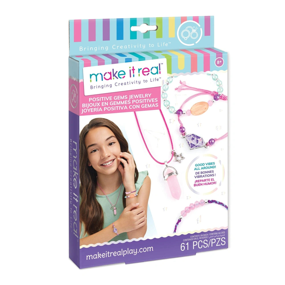 Positive Gems Jewelry" with colorful graphics, showcasing a necklace, bracelet, and keychain in a light blue package.