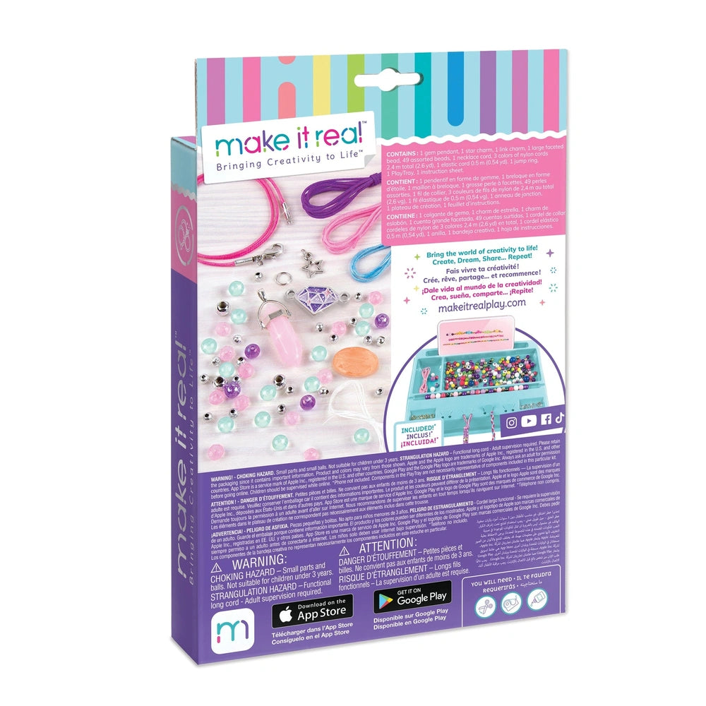 MAKE IT REAL Positive Gems Jewelry kit in colorful packaging with beads, scissors, and various small plastic components.