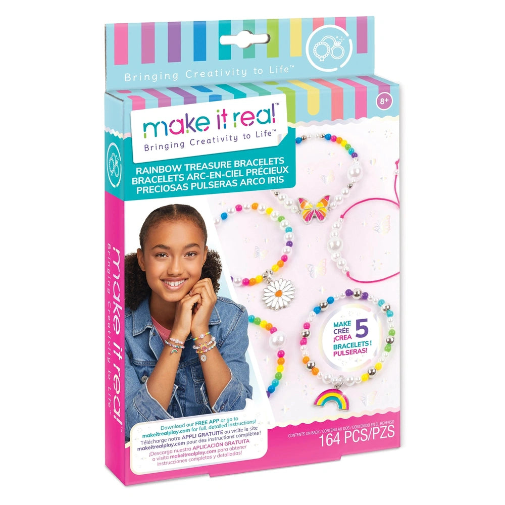 Rainbow Treasure Bracelets set in colorful packaging with a girl in braids, featuring 5 bracelets and earrings, age 8+.