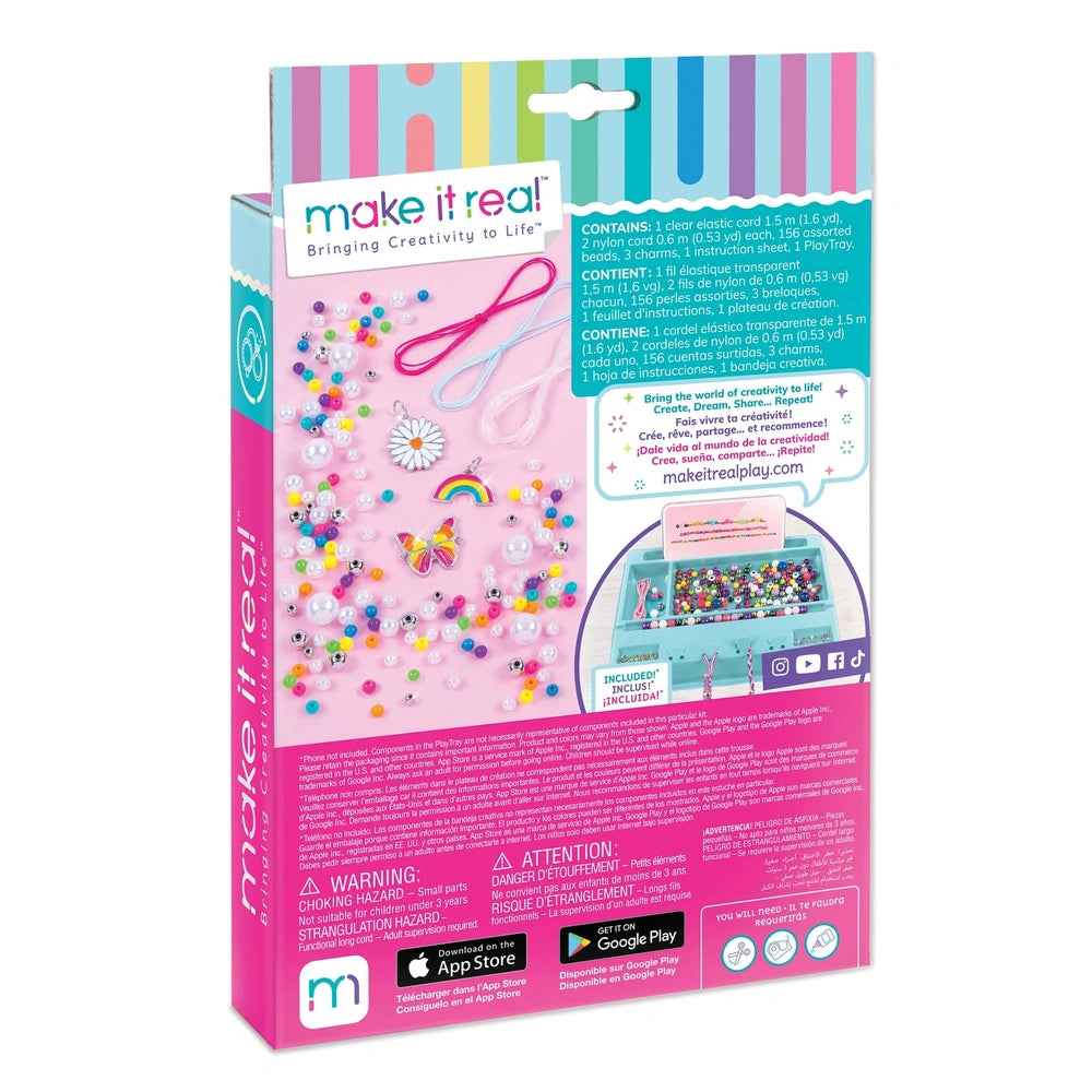 Rainbow Treasure Bracelets packaging with glossy pink background, clear window, and white and blue text and decorations.