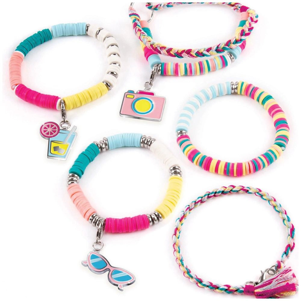 Summer Vibes Heishi Bead Set featuring three colorful bracelets with glossy charms and matte beads, arranged in a fan pattern