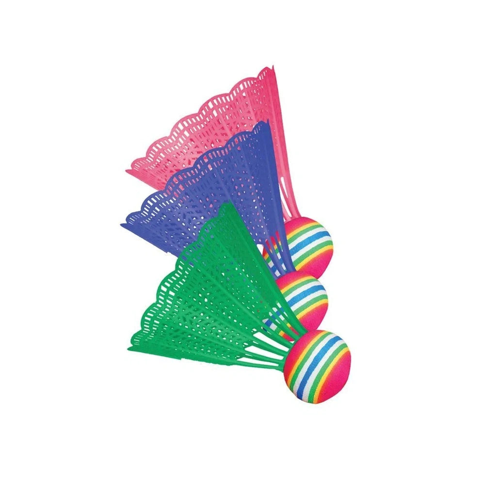 Mandelli badminton replacement balls in vibrant red, pink, blue, and green, made of flexible material, displayed in a pack.