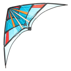 Mandelli Barani Kite features a blue triangular design with colorful cells and a black tail, crafted from lightweight fabric.