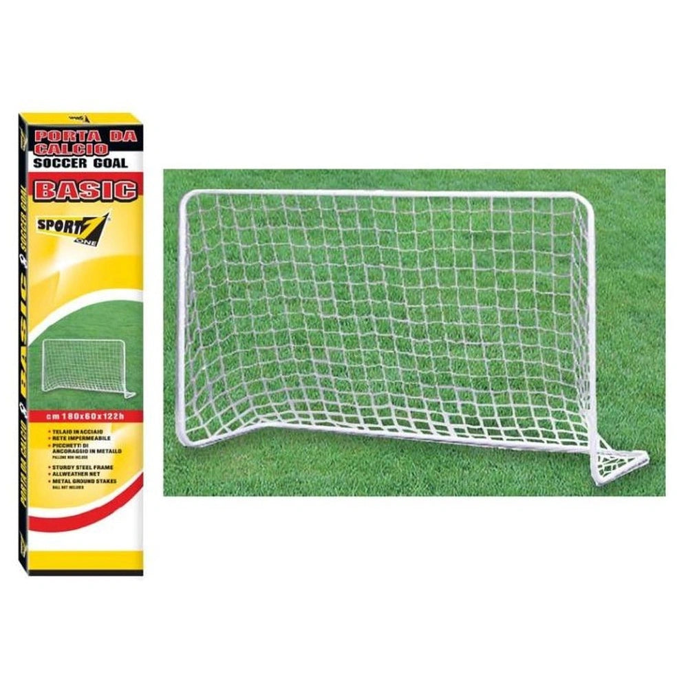 Mandelli football goal 180x122x60 with white net, yellow and red packaging, and sturdy steel frame on green grass.