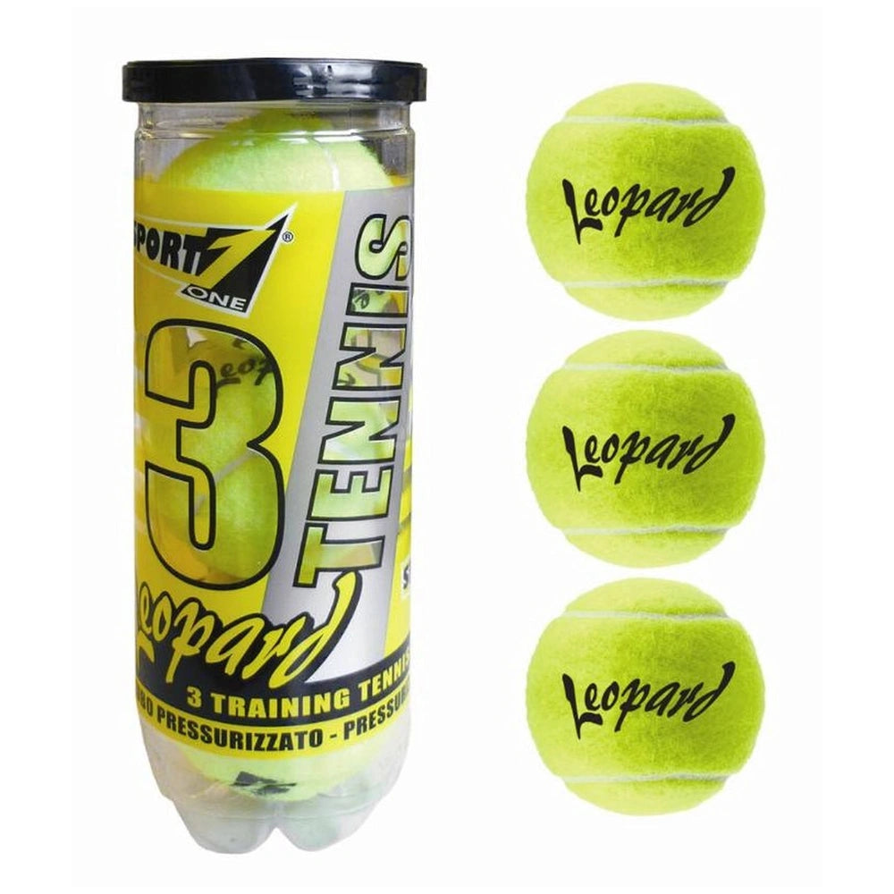 Mandelli Leopard tennis balls in a clear plastic bottle with a yellow label and black cap, featuring training text.