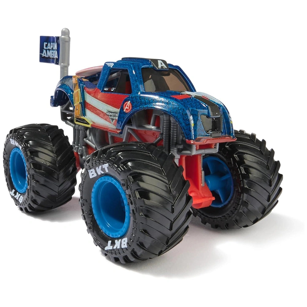 Marvel Monster Jam Truck features a glossy red, blue, and black design with large textured wheels and a distinctive hood scoo