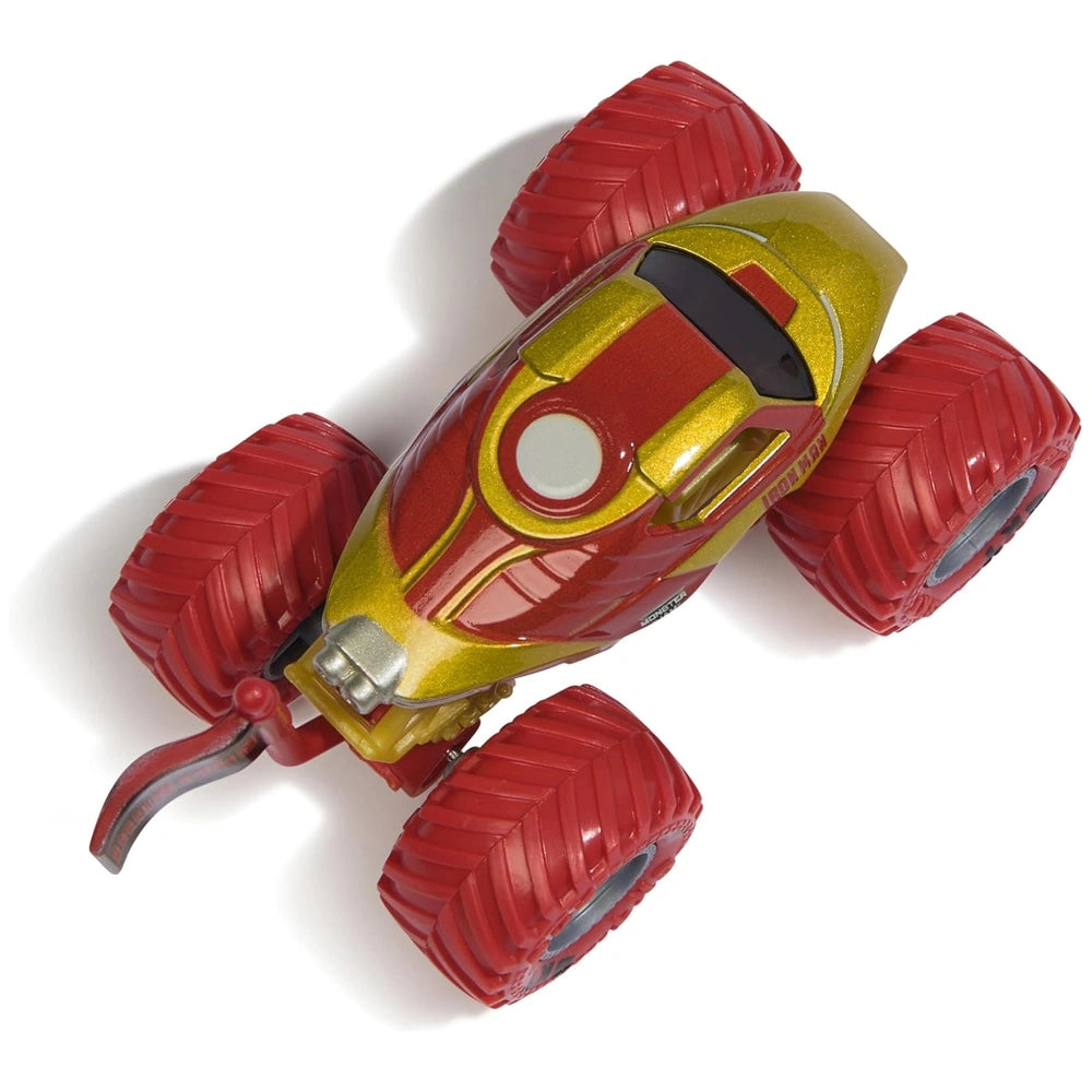 Marvel Monster Jam Truck features a yellow body with red wheels, showcasing a glossy finish and simple design against a white