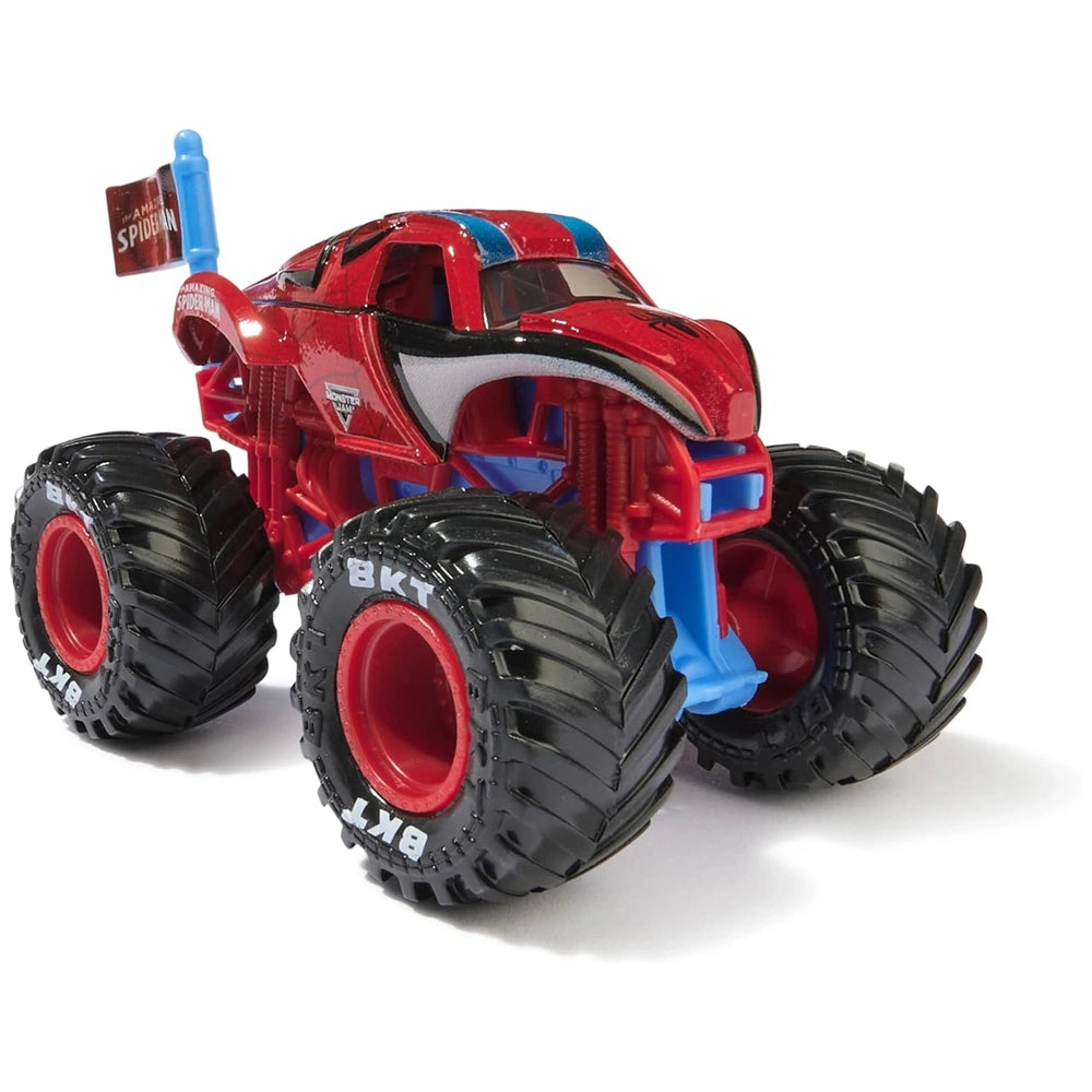 Monster Jam truck toy with a glossy red body, black textured tires, and blue accents against a plain white background.