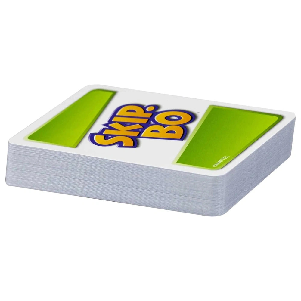 Skip-Bo Ultimate Sequencing Card Game packaging features a glossy window, yellow and blue graphics, and a prominent green rec
