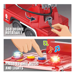Red toy fire engine with an open compartment, featuring a glossy finish and text indicating music and lights functionality.