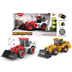 Metropoli heavy-duty front loader toy set includes a red tractor and yellow bulldozer with construction accessories in an urb