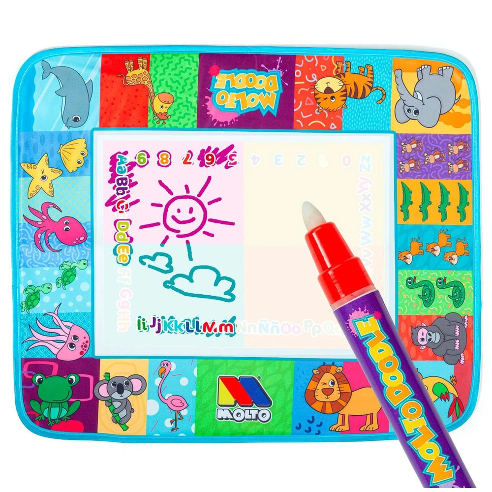Molto Big Doodle Playmat features a colorful plastic tray with animals, clouds, and playful text on a blue background.