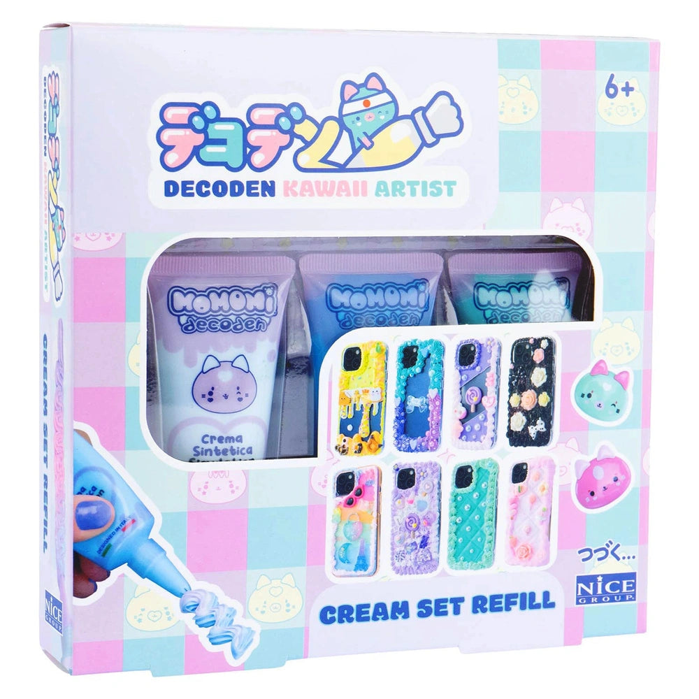 Momomi Decoden Kawaii Artist Creamy Phone Cover in glossy packaging, featuring vibrant stickers and a pink checkered backgrou