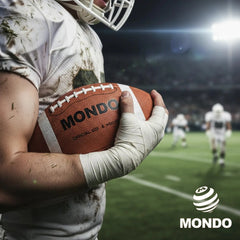 Mondo American Football Size 9 in brown leather held by a player in a white, green, and black uniform on a blurred field.