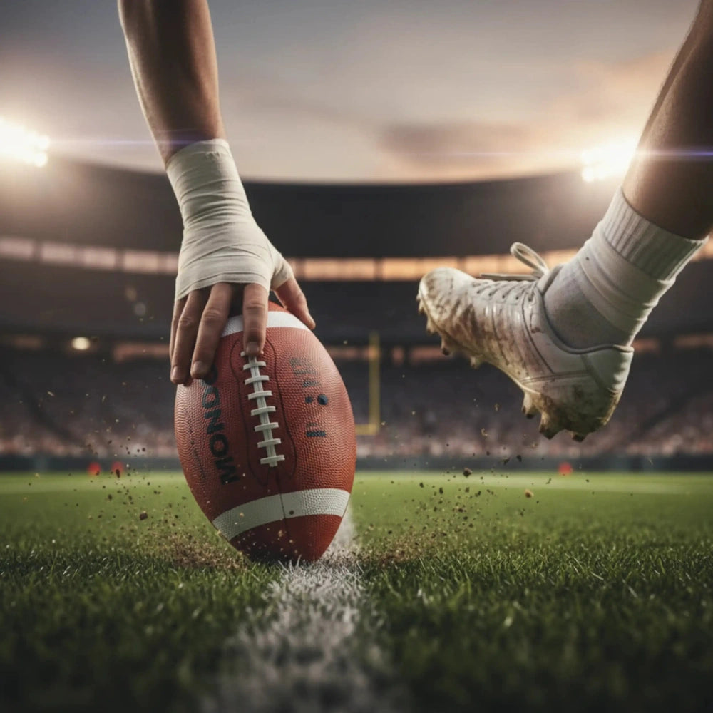 Mondo American Football Size 9 on green artificial turf, kicked by a person in white socks and cleats.