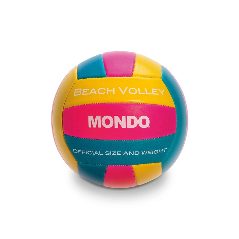 Mondo Beach Volleyball features a multi-colored design with glossy textured rubber, showcasing vibrant pink, yellow, blue, an