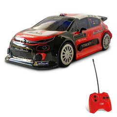 Mondo Citroen C3 WRC radio-controlled car in red and black, featuring a shiny Lexan body, metallic antenna, and detailed comp