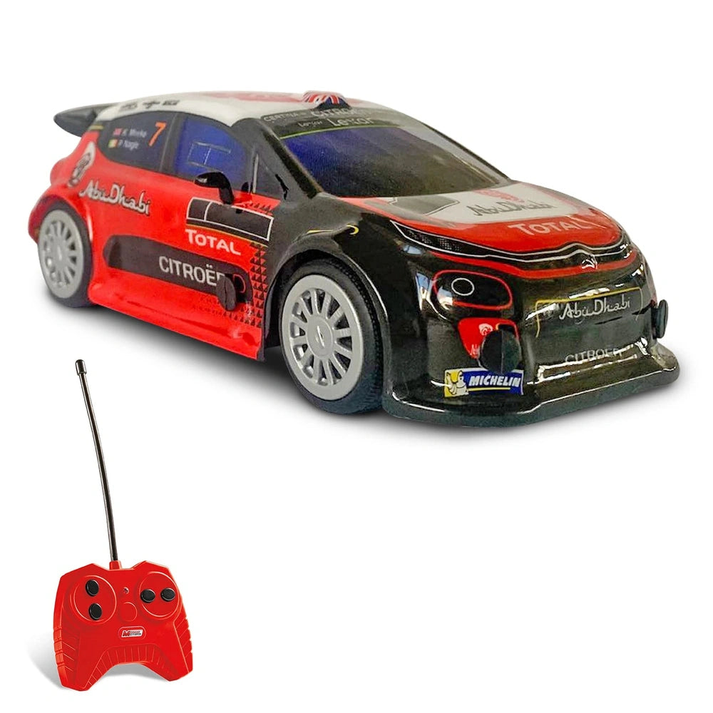 Mondo Citroen C3 WRC radio-controlled car in red with black accents, featuring silver wheels and a red remote control.