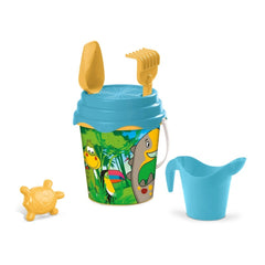Mondo Fantasy Bucket Set featuring blue plastic cup, lid, watering can, and yellow spoon and turtle for beach play.