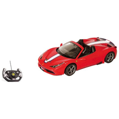 Mondo Ferrari 458 Speciale A radio-controlled car with a red body, black accents, clear windshield, and detailed interior.