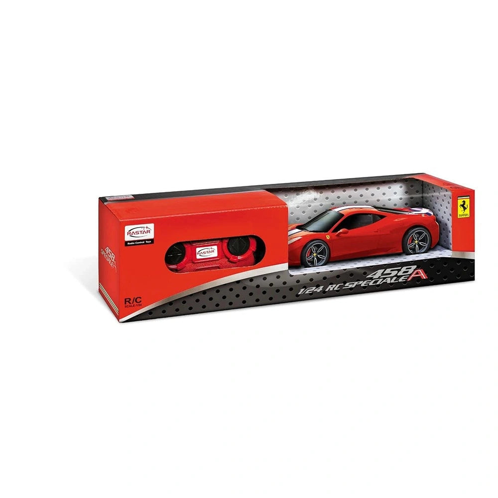 ari emblem. 

Mondo Ferrari 458 Speciale radio-controlled car in glossy red packaging with black accents and transparent wind
